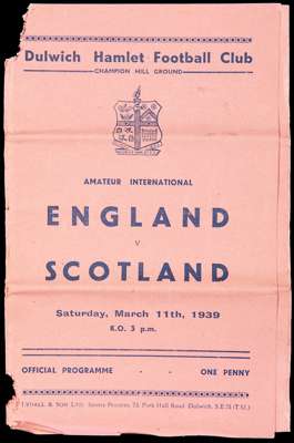 37 Dulwich Hamlet home programmes season 1938-39, including England v Scotland amateur international, Oxford v Cambridge, v Wycombe Wanderers and v Wi