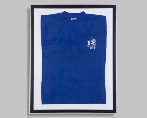 Ron ‘Chopper’ Harris signed blue Chelsea FC retro jersey