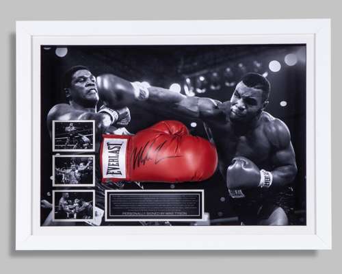 Mike Tyson autographed red Everlast boxing glove display