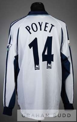 Gus Poyet white Tottenham Hotspur No.14 home jersey season 2001-02, 

long-sleeved with  THE F.A. PREMIER LEAGUE sleeve badges, club crest and sponsor