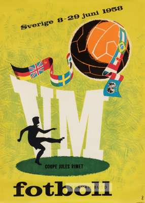 Sweden 1958 FIFA World Cup official tournament advertising poster, designed by Beka,
 published by Ervaco Reklam / Dalhbergs, colour illustrated poste