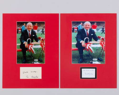 Two Matt Busby mounted autographed cards with colour photograph
