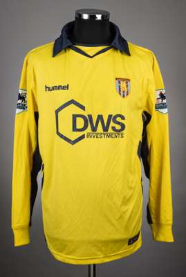 Nolberto Solano yellow and blue No.11 Aston Villa long-sleeved jersey, 2005-06, 
 Hummel, 38/40, with v-neck collar and embroidered cloth badge inscri