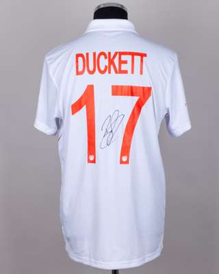 Ben Duckett white and red No.17 England v. India match worn, autographed Red For Ruth shirt