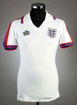 Steve Coppell white England no.16 home jersey v Wales, played at Wembley Stadium 23rd May 1979,
 Admiral, short-sleeved with red and blue trimmed coll