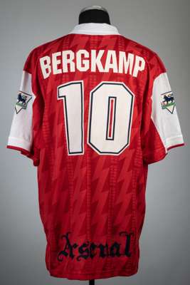 Dennis Bergkamp signed red Arsenal no.10 home jersey, season 1995-96,
 Nike, short-sleeved with THE FA PREMIER LEAGUE sleeve badges, club crest and sp