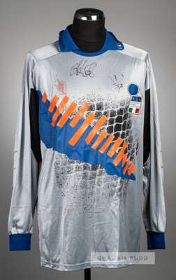 Grey and blue Italy no.12 goalkeeper's jersey, circa 1990s,
 long-sleeved with country emblem badge and sponsor logo, reverse numbered 12, the front b