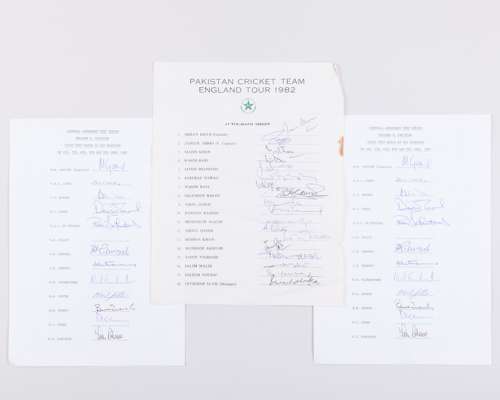 Three England v. Pakistan autographed cricket team sheets