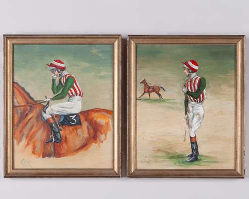 A pair of oil on board portraits of the jockey Lester Piggott,