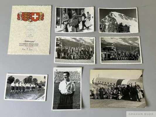 Collection of dinner menu, postcards and photographs from England player Frank Soo,
 comprising name on front of menu for match in Berne, Switzerland 