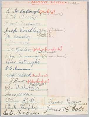 Belfast Celtic team autograph page, circa 1930s,
 signatures in pen on paper laid onto an album page include McCullough, Neely, Donnelly, Wright, Firt