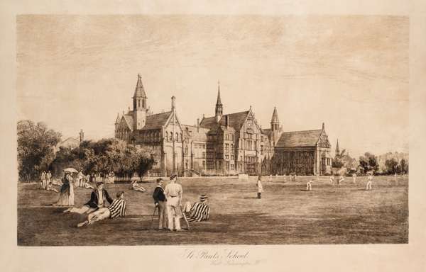 St Paul's School, West Kensington: an engraving featuring a cricket match, published by E. W. & E. Evans, 15th May 1894,
 featuring the school buildin