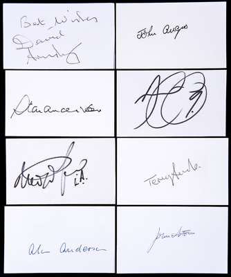Autographed football index cards, 213 in total, all measuring 5'' x 3'' and signed in the main by players from the 1950s - 1980s, including fine examp