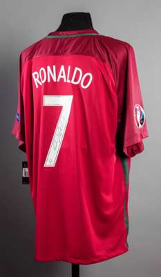 Cristiano Ronaldo signed replica of his Euro 2016 Final Portugal jersey, the red jersey fully badged and with match inscription, signed to the reverse