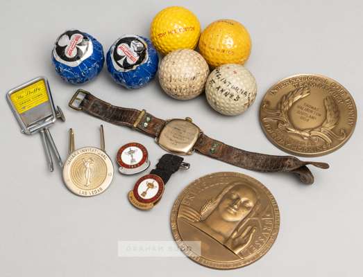 Miscellaneous golfing mementos from the carer of the golfer Tom Haliburton, 
 comprising Nallog gold-plated wristwatch, with enamel dial and roman hou