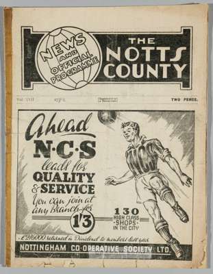 Notts County v Southend United programme 19th March 1938, 
 lacks staples with tape at spine but no writing