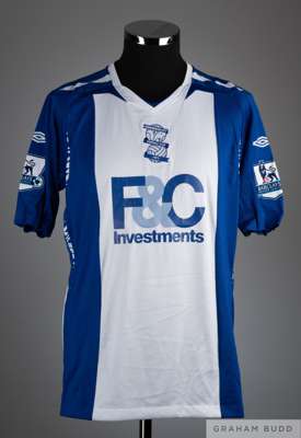 Franck Queudrue blue and white no.15 Birmingham City short sleeved shirt 2007-08, 
 Umbro size M, crew neck with embroidered cloth badge inscribed BIR