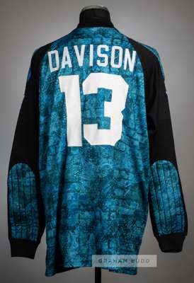 Aidan Davison mottled green-blue Bolton Wanderers no.13 goalkeeper's jersey, season 1995-96,
 Reebok, long-sleeved with elbow pads and THE FA PREMIER 