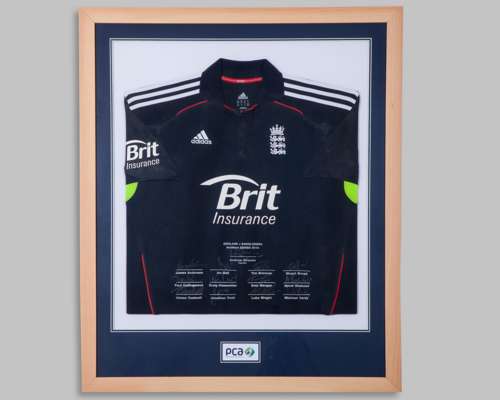 Blue England v. Bangladesh NatWest Series 2010 autographed cricket shirt display