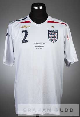 Martin Cranie signed white England U-21 no.2 jersey v Montenegro U-21 in the UEFA European U-21 Championship Qualifier in Podgorica, 7th September 200