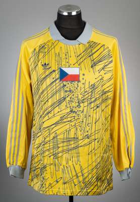 Jan Stejskal yellow and grey Czechoslovakia 1990 World Cup no.1 goalkeeper's jersey,
 Adidas, long-sleeved with padded elbows, national flag badge, re