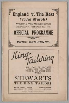 Football programme for England v The Rest XI, played at Ayresome Park, Middlesbrough on 8th February 1928, 
 Middlesbrough key card edition, players i
