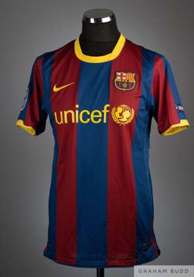 Pedro claret and blue No.17 Barcelona v. Arsenal Champions League match worn short-sleeved shirt, 2010-11, 
 Nike, M, with crew-neck collar and embroi