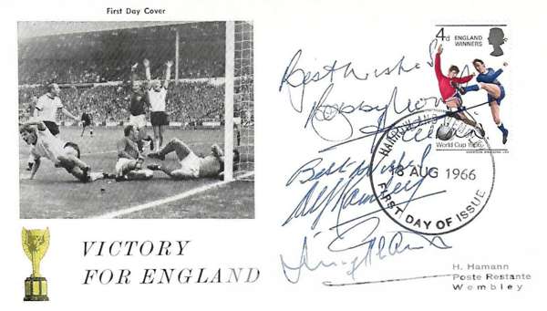 England 1966 World Cup winners FDC signed by Bobby Moore (captain), Sir Alf Ramsey (manager) and Jimmy Greaves (greatest striker of all time), 
 cover