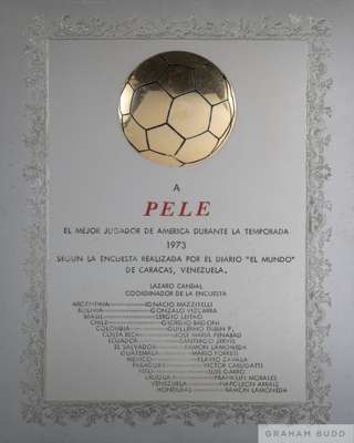 Framed 1973 metal plaque presented to Pelé commemorating his award as Best Player of the Americas of the 1973 season according to a survey conducted b