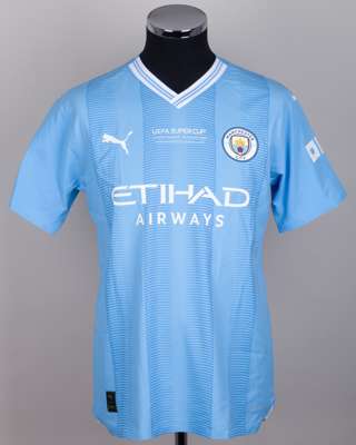 Maximo Perrone blue No.32 Manchester City v. Sevilla Super Cup short-sleeved shirt, 2023