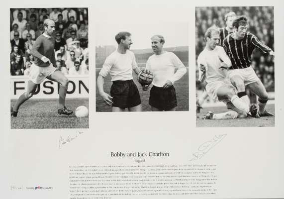 A double-signed Bobby & Jack Charlton photographic print, signed in black pen by both footballers, featuring three b&w photographs and a printed biog.