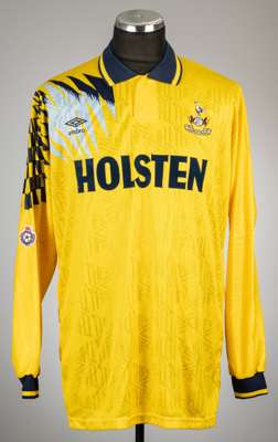 Paul Allen yellow Tottenham Hotspur no.11 away jersey, season 1991-92,
 Umbro, long-sleeved with THE FOOTBALL LEAGUE sleeve badges, club crest and spo