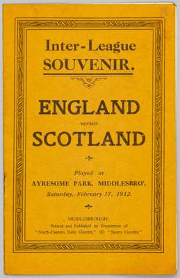 England v Scotland Inter-league match programme, played at Middlesbrough, 17th February 1912,
 16-page programme with printed gold coloured cover, ver