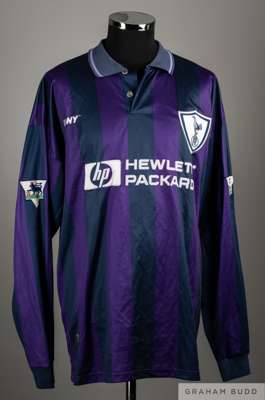 Clive Wilson purple and blue No.15 Tottenham Hotspur match worn long-sleeved shirt, 1995-96, 
 Pony, XL, with button-up collar and embroidered cloth b
