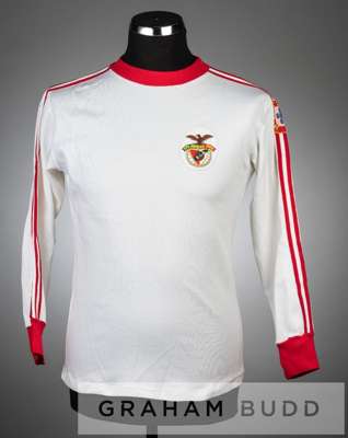 White and red SL Benfica no.10 away jersey, circa late 1970s,
 long-sleeved with Portuguese coat of arms sleeve badge and club crest badge, reverse nu
