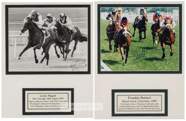 Three signed horse racing legends individual photographs, 
 comprising Lester Piggott signed b & w photograph on Fatherland at the Curragh 15th August