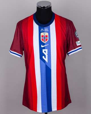 Erling Haaland red, blue and white No.9 Norway v. Israel short-sleeved shirt, 2025