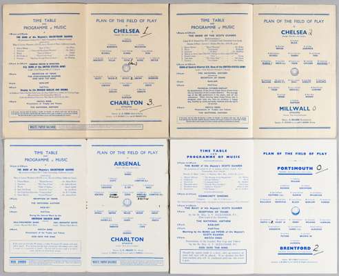 Wartime Football League South Cup Finals programmes, 1940s,
 including 1942 Portsmouth v Brentford; 1943 Arsenal v Charlton; 1944 Chelsea v Charlton; 