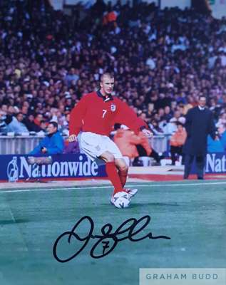 David Beckham signed magazine picture playing for England v Brazil