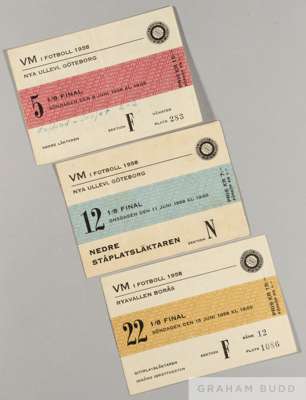 Three England tickets from the 1958 World Cup in Sweden, v Soviet Union, Brazil and Austria