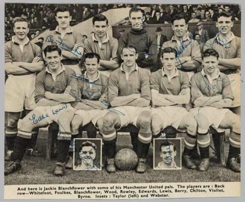 Busby Babes circa 1955-56 magazine cut-out 8 by 6in. of Manchester United team before match, signed by nine members of the team,
 including Edwards, T
