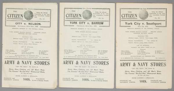 Three York City home programmes,  

F.L. Division Three North fixtures v Barrow 26th December 1929, Nelson 15th November 1930 and Southport 7th May 19