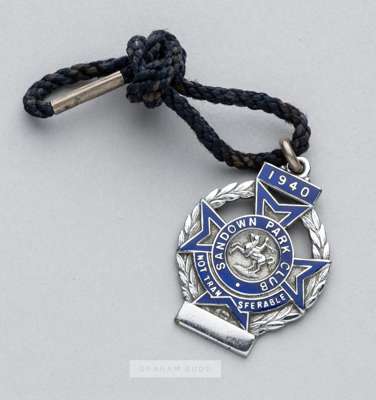 A very scarce silvered-metal & enamel wartime Sandown Park racecourse member's badge issued for 1940,
 with black cord