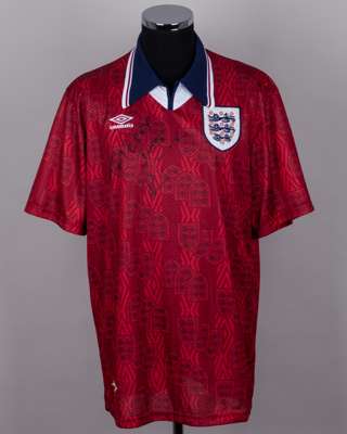 Red and blue No. 3 England short-sleeved shirt, 1994-95