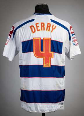 Shaun Derry Queen's Park Rangers no.4 home jersey v Portsmouth at Kiyan Prince Foundation Stadium, 1st February 2011,
 Lotto, short-sleeved with NPOWE