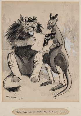 "The Big Three", England, Australia and The Cricketer drawing, circa 1921,
 pen, ink and watercolour depicting a lion and a kangaroo reading a copy of