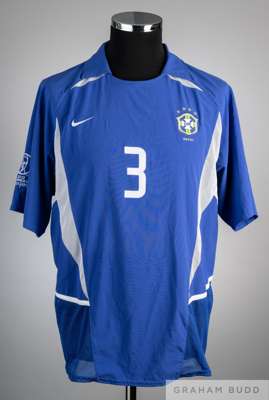 Lucio blue Brazil 2002 World Cup No.3 jersey worn in the quarter-final match
