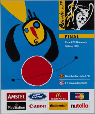 1999 Champions League Final poster for the game between Manchester United FC and Bayern Munich, played at Camp Nou on May 26th,
 the piece measures 59