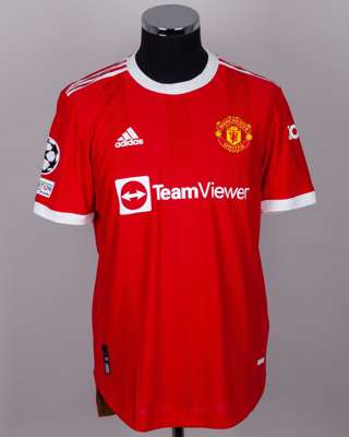 Harry Maguire red No.5 Manchester United Champions League match worn shirt, 2021-22