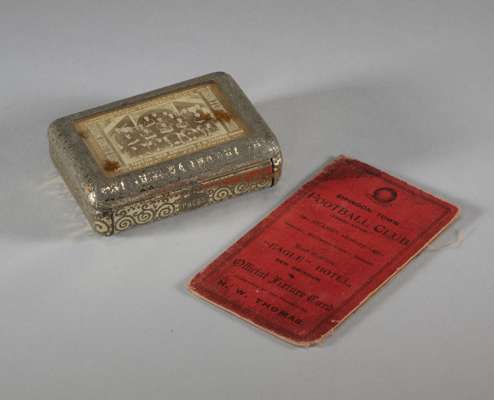 Victorian snuff box featuring a photographic portrait of Swindon Town Football Club in season 1895-96,
 the sepia-toned photo set into the lid under g